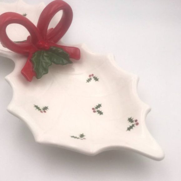Vintage Otagiri White Hostess Double Dish Holly Berries - Picture 2 of 8